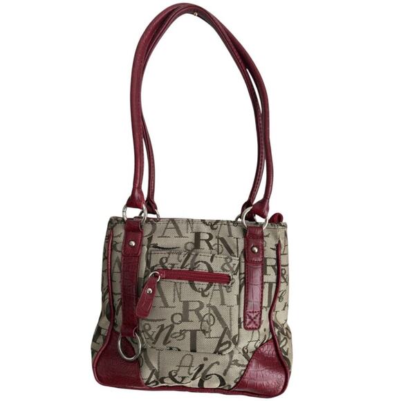 Vintage Handbags - Y2K Script Print Canvas Shoulder Bag Red Croc Trim Mini Tote Sag Harbor